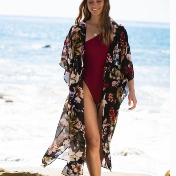 Walter Baker Tulum Sheer Tropical Print Floral Kimono Longline Duster Jacket O/S - Picture 3 of 11